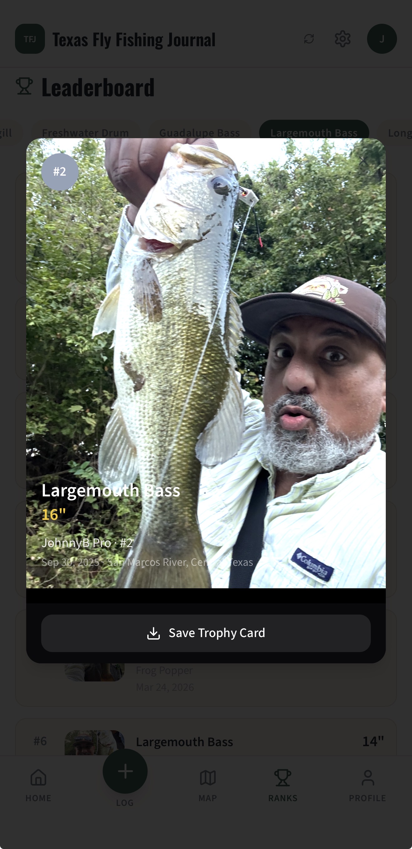 Trophy card for a 16-inch Largemouth Bass caught on the San Marcos River.